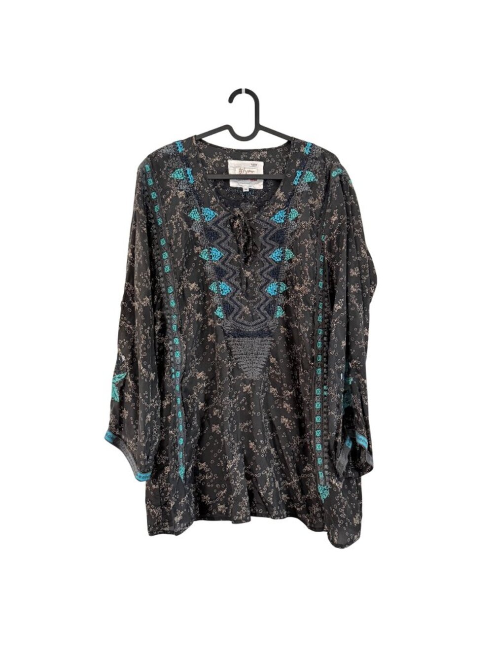 Biya Johnny Was Black Teal Floral Embroidered Tunic Blouse Womens Medium